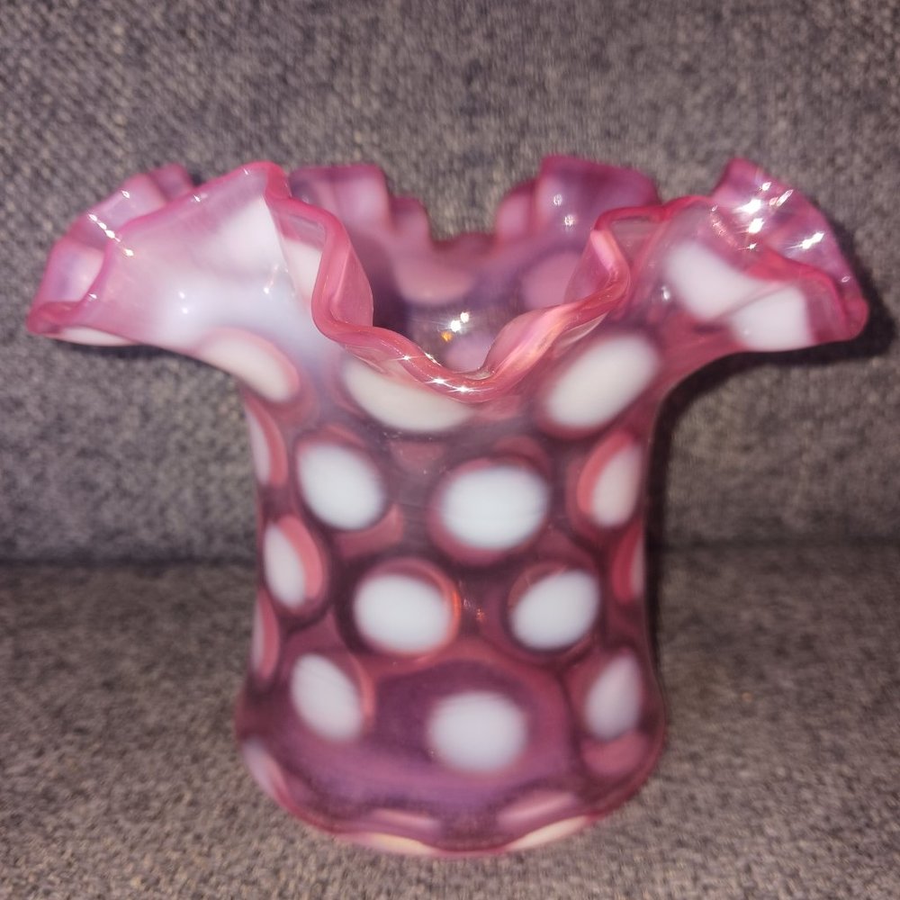 Antique Fenton Cranberry Opalescent Coin Spot Vase - Picture 2 of 5